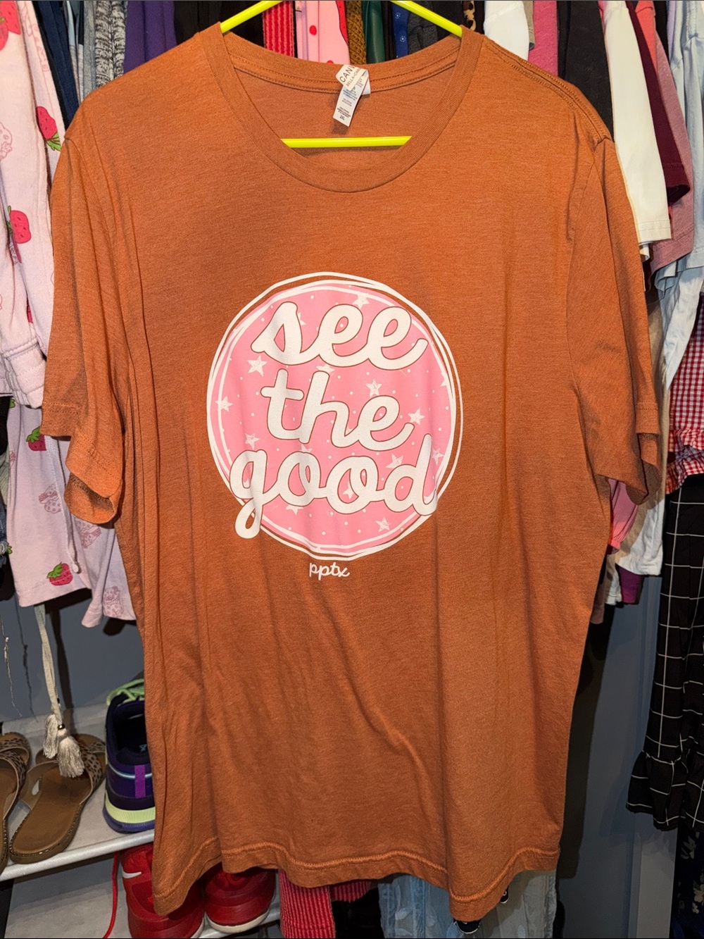 Bella Canvas Rust Orange Tee with Pink "See The Good" Graphic